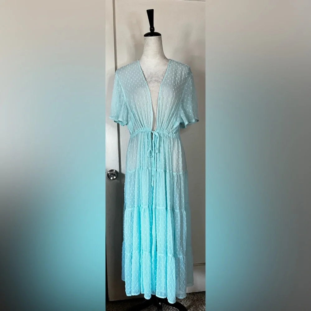 Torrid Baby Blue Robe Retro Polka Dot Lounge Feminine Romantic Chiffon Wedding - Picture 6 of 15